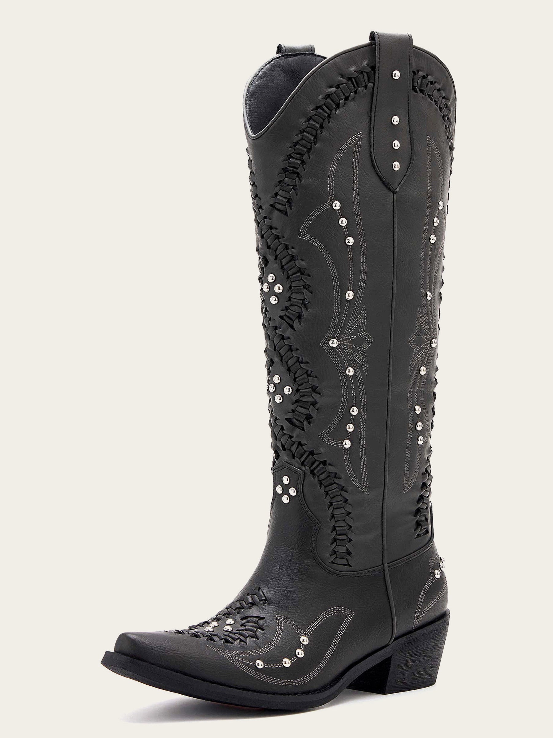 The Renegade: Black Studded Western Boots with Whipstitch Detail