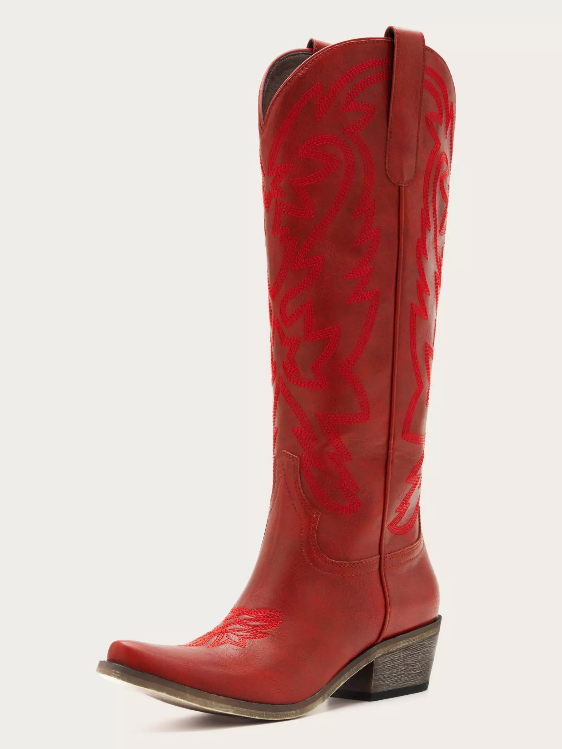 The Aspen: Knee-High Western Boots in Bold Red with Tonal Embroidery