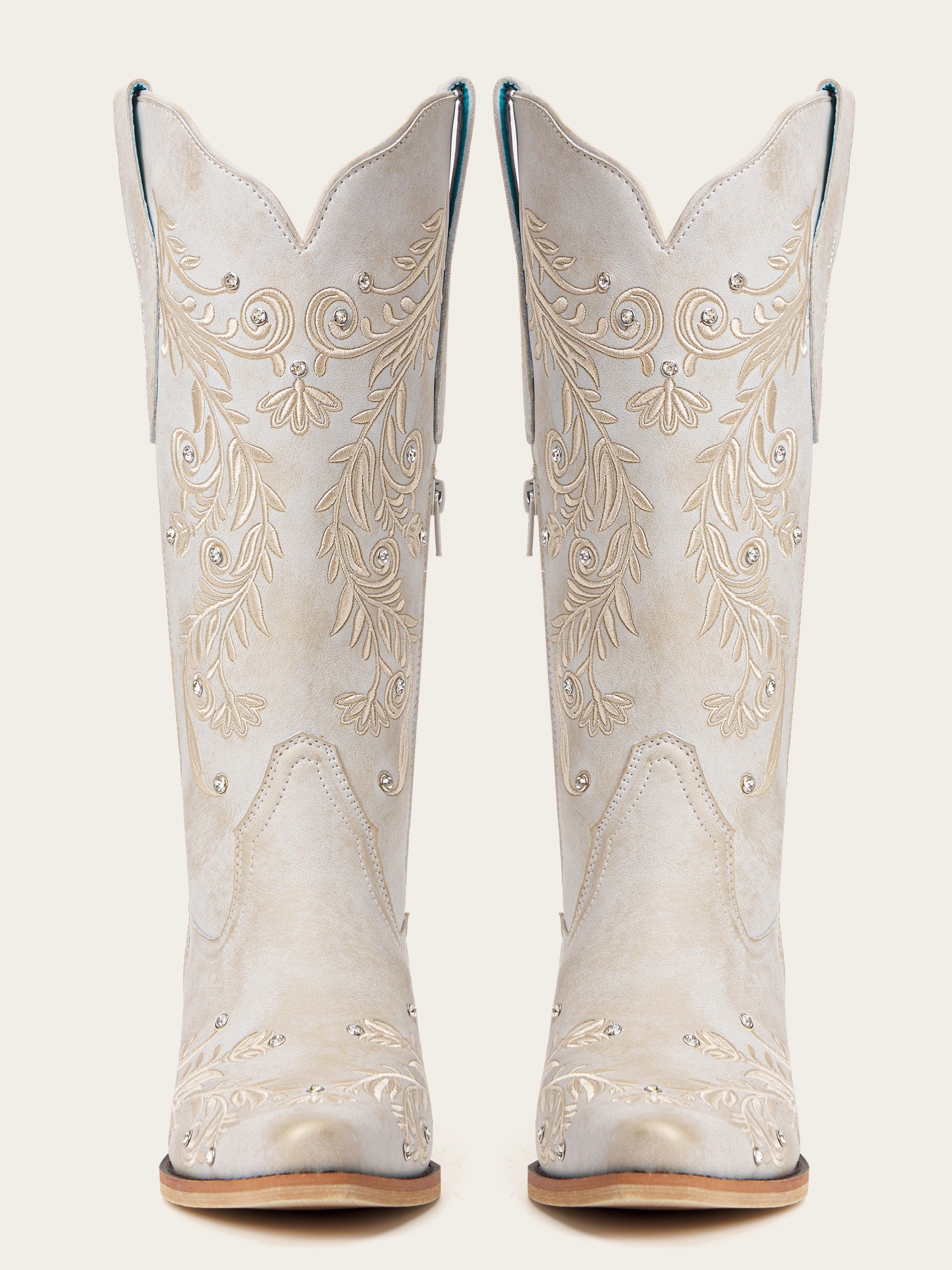 The Ever After: White Boots with Floral Embroidery & Rhinestones