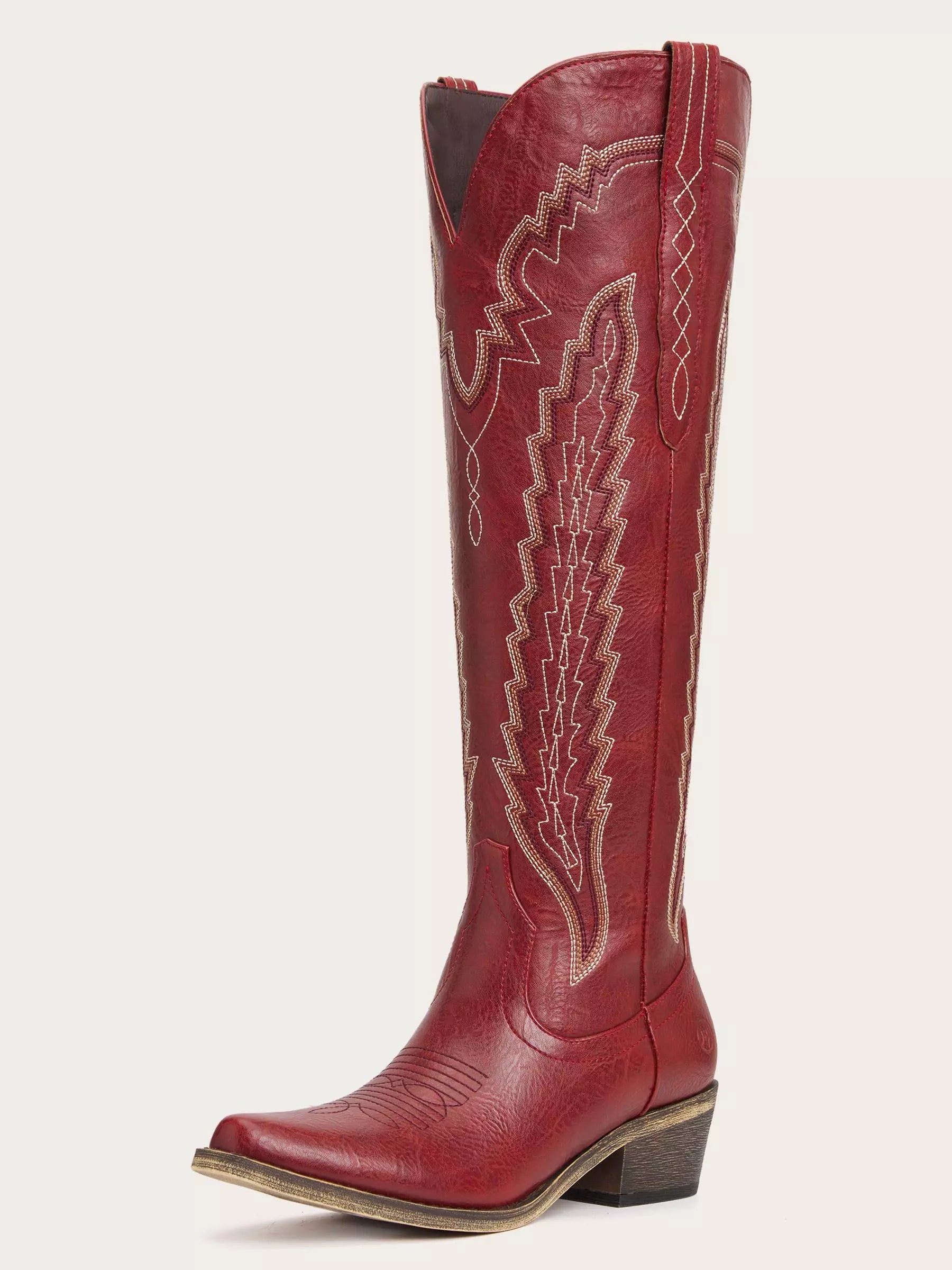 The Caliente: Rich Red Boots with Multi-Tonal Zigzag Embroidery