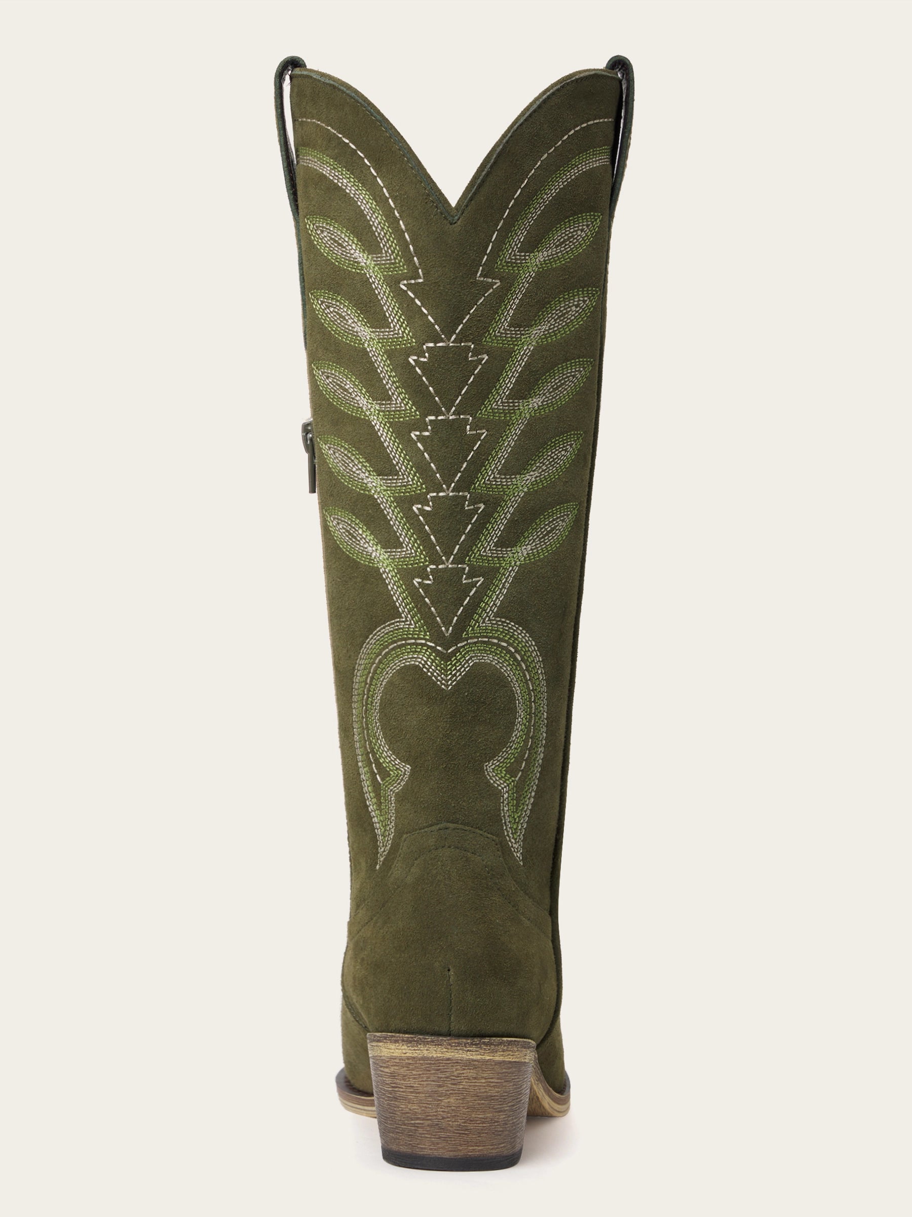 The Meadow: Olive Green Suede Boots with Multi-Tonal Leaf Embroidery