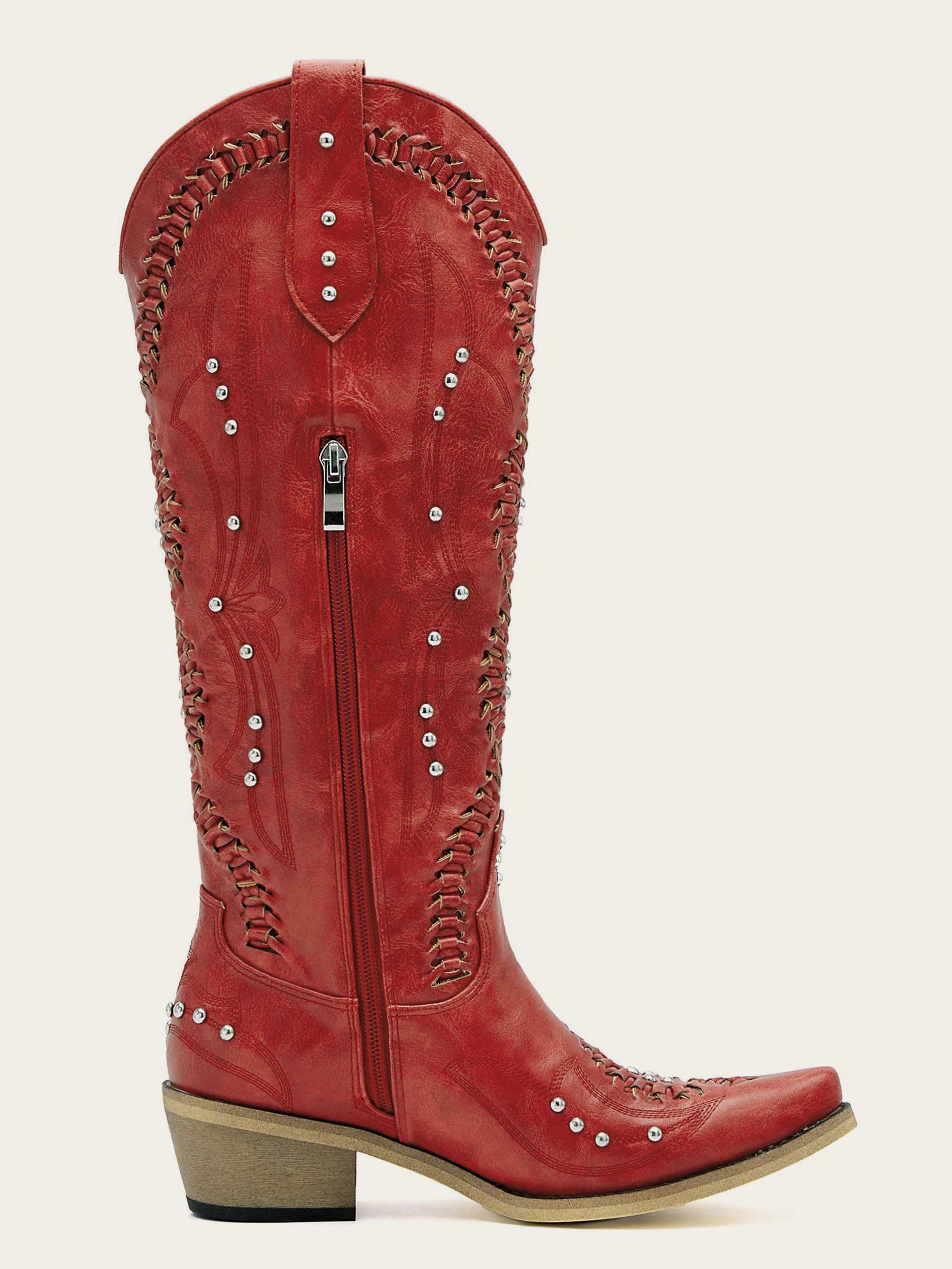 The Renegade: Red Studded Boots with Whipstitch & Turquoise Lining