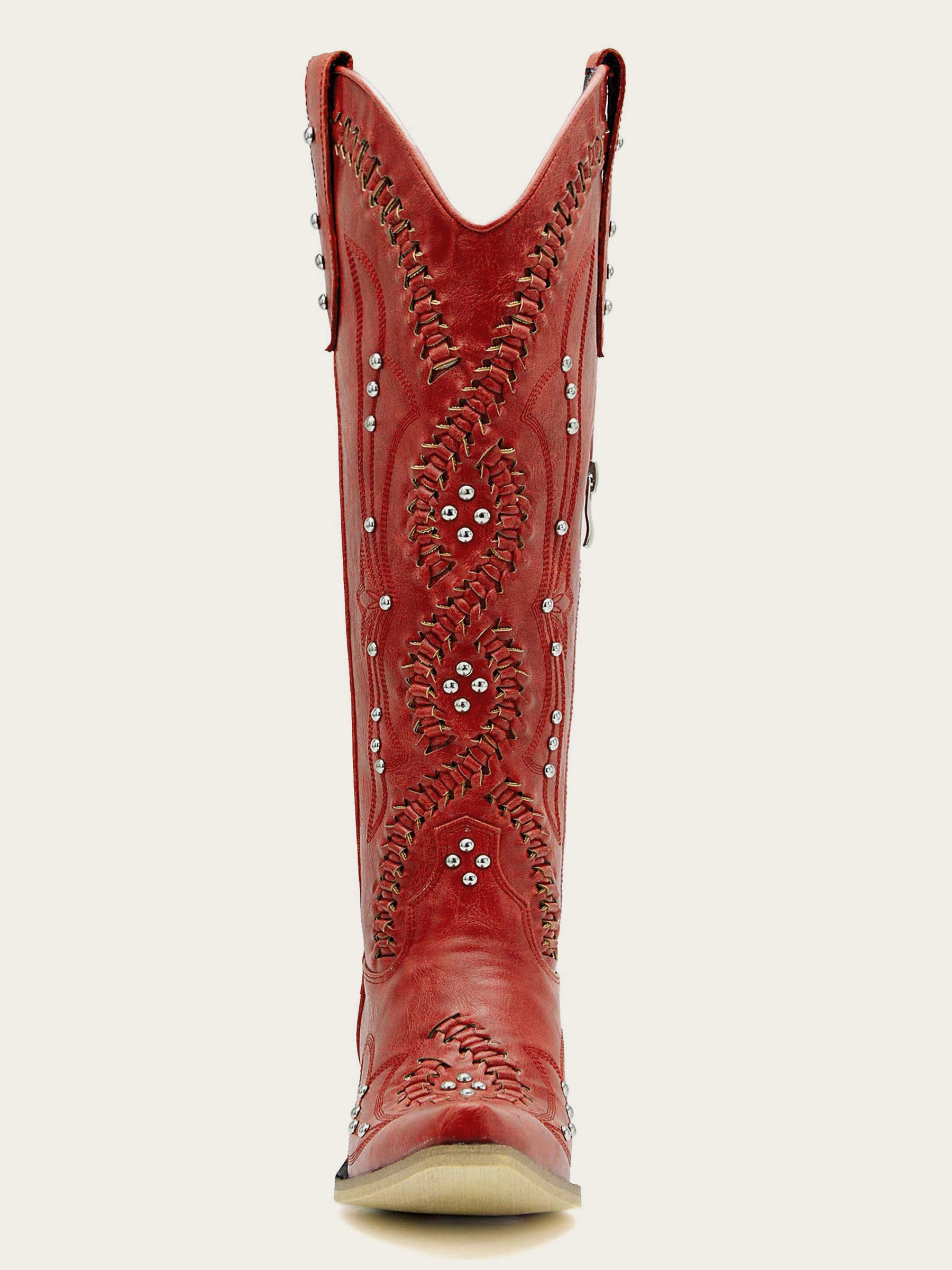 The Renegade: Red Studded Boots with Whipstitch & Turquoise Lining