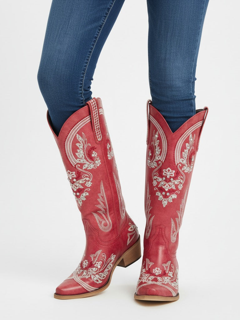 The Starlight Rider: Red & Silver Embroidered Western Boots