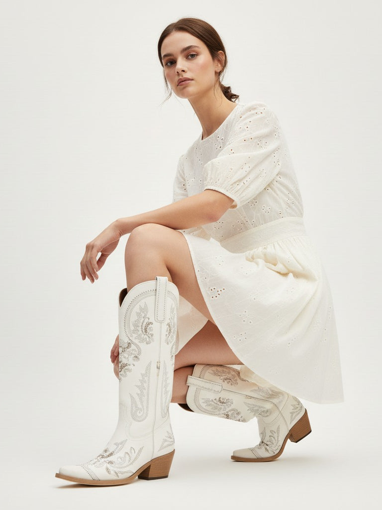 The Starlight Rider: White & Silver Embroidered Western Boots with Rhinestones