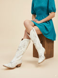 The Starlight Rider: White & Silver Embroidered Western Boots with Rhinestones