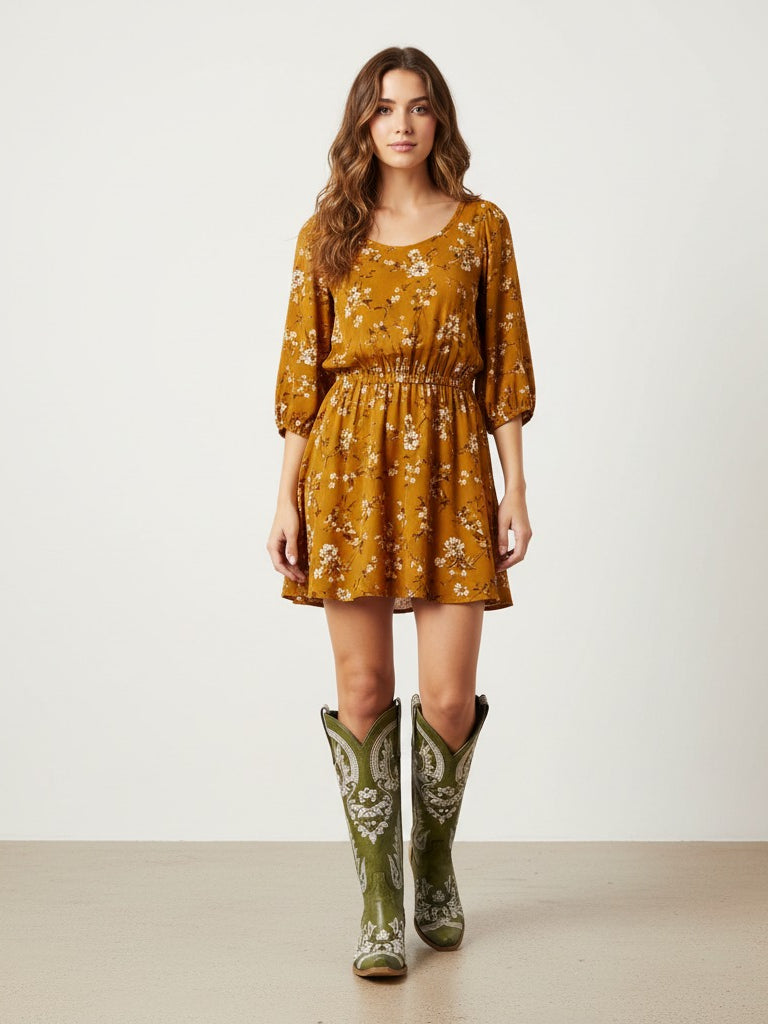 The Starlight Rider: Olive Green & Beige Embroidered Western Boots