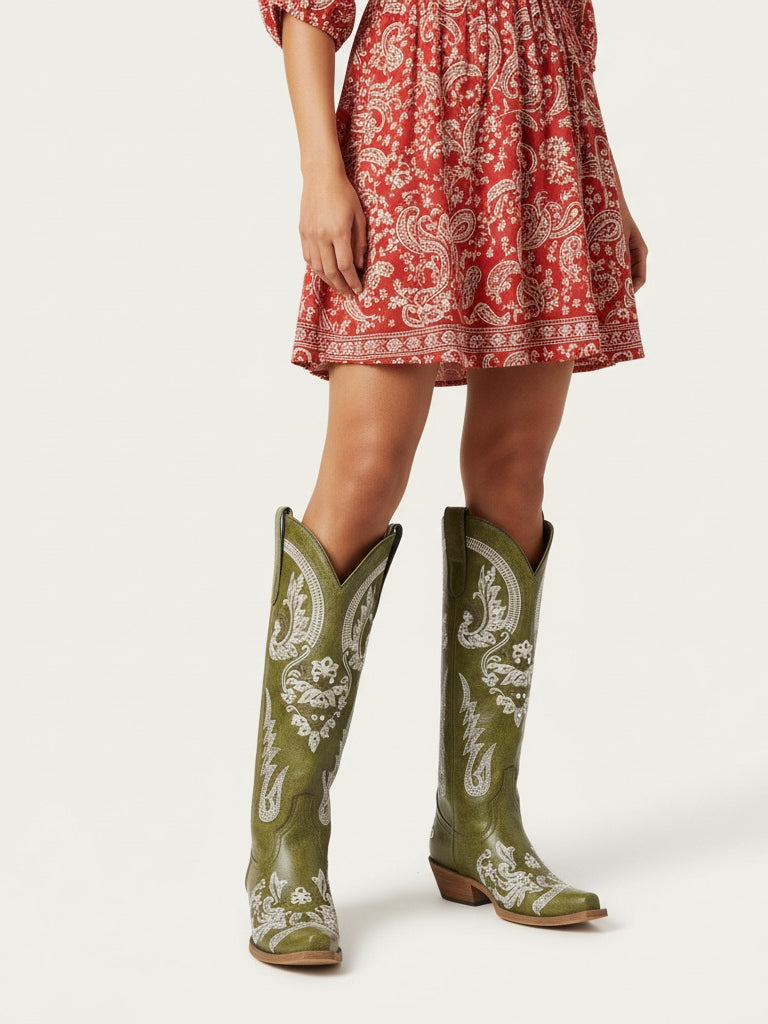 The Starlight Rider: Olive Green & Beige Embroidered Western Boots