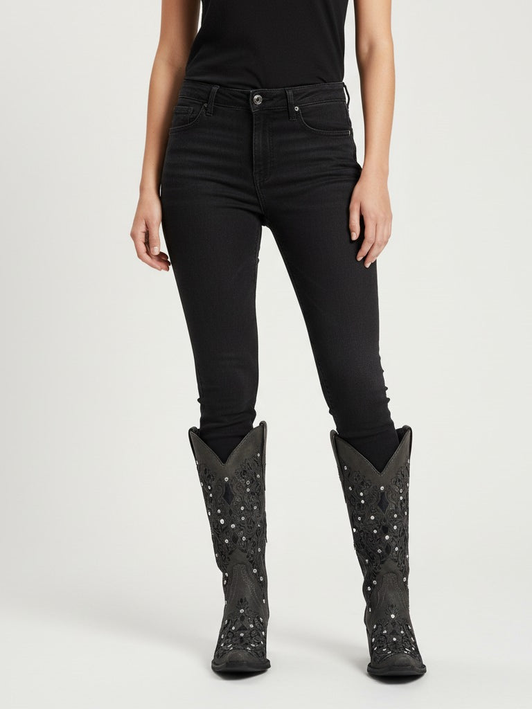 The Diamond Sky Boot: Black Suede Western Boots with Glitter Inlay & Rhinestones