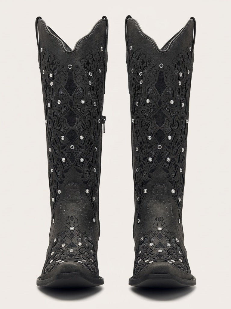 The Diamond Sky Boot: Black Suede Western Boots with Glitter Inlay & Rhinestones