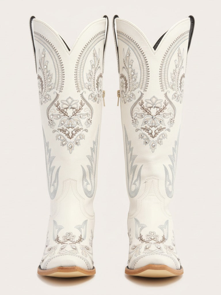 The Starlight Rider: White & Silver Embroidered Western Boots with Rhinestones