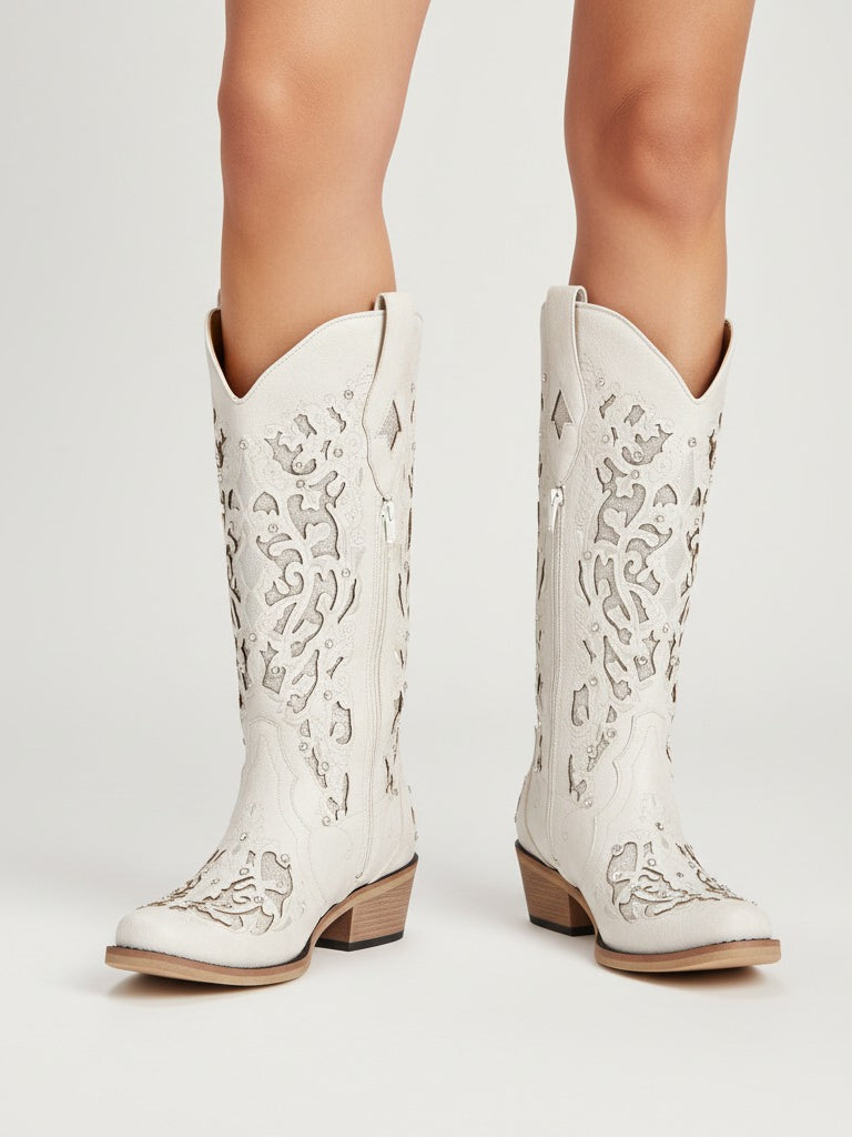 The Diamond Sky Boot: White Wedding Western Boots with Cut-Out Lace Detail & Rhinestones