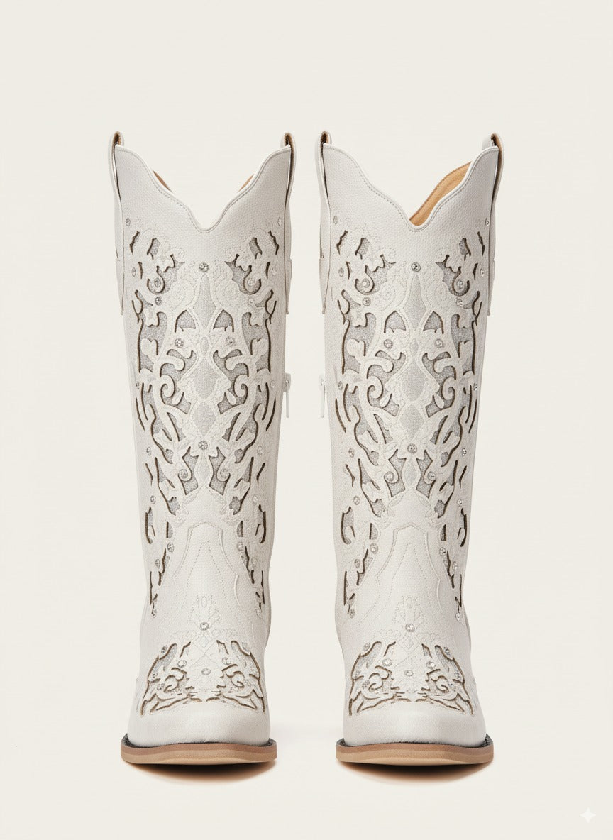 The Diamond Sky Boot: White Wedding Western Boots with Cut-Out Lace Detail & Rhinestones