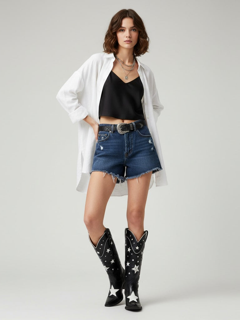 The Cosmic Cowgirl: Black & White Star Inlay Western Boots