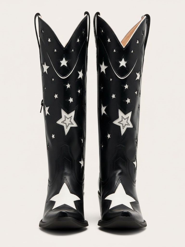 The Cosmic Cowgirl: Black & White Star Inlay Western Boots