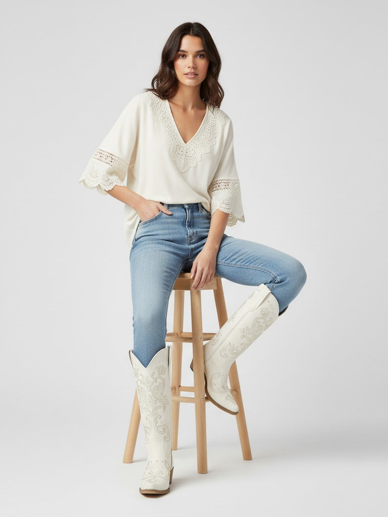 The Pearl Dream: Bridal White Western Boots with Pearl Studs & Embroidery