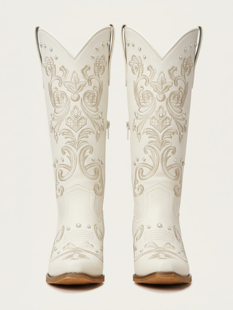 The Pearl Dream: Bridal White Western Boots with Pearl Studs & Embroidery