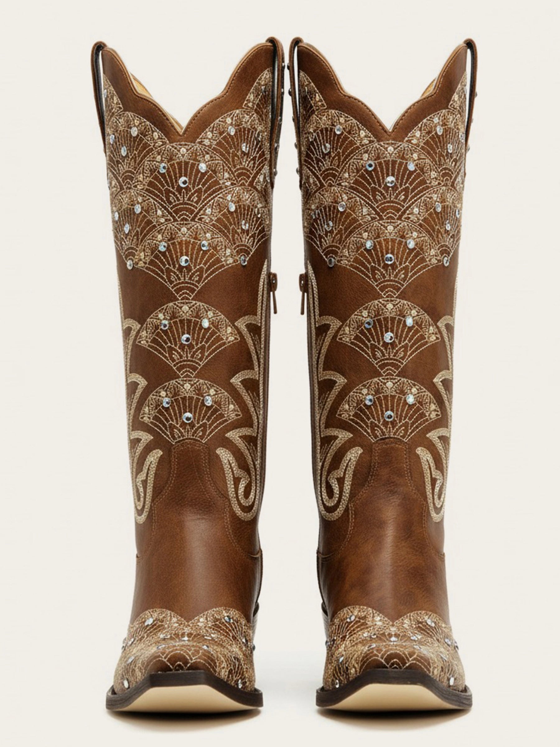 The Radiance Boot: Vintage Brown Boots with Sunburst Embroidery & Rhinestones
