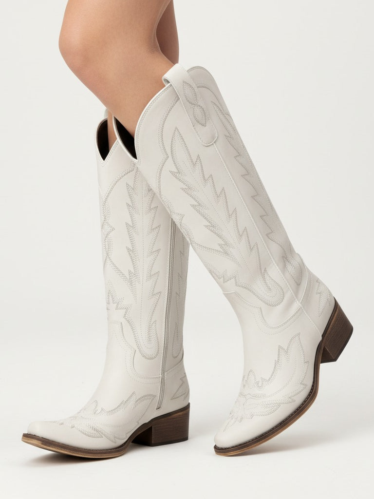 The Electra: Timeless White Embroidered Western Boots
