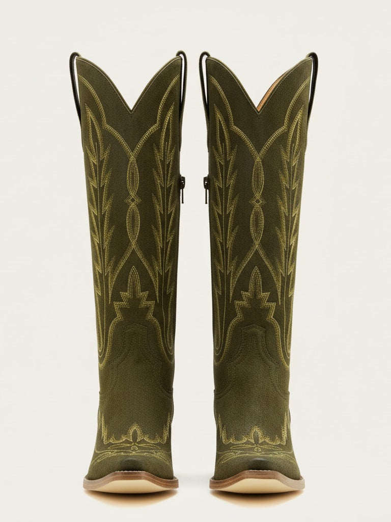 The Electra: Olive Green Suede Embroidered Western Boots