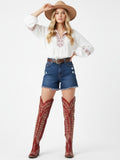 The Siren: Over-the-Knee Embroidered Western Boots in Vintage Red
