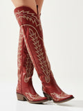 The Siren: Over-the-Knee Embroidered Western Boots in Vintage Red