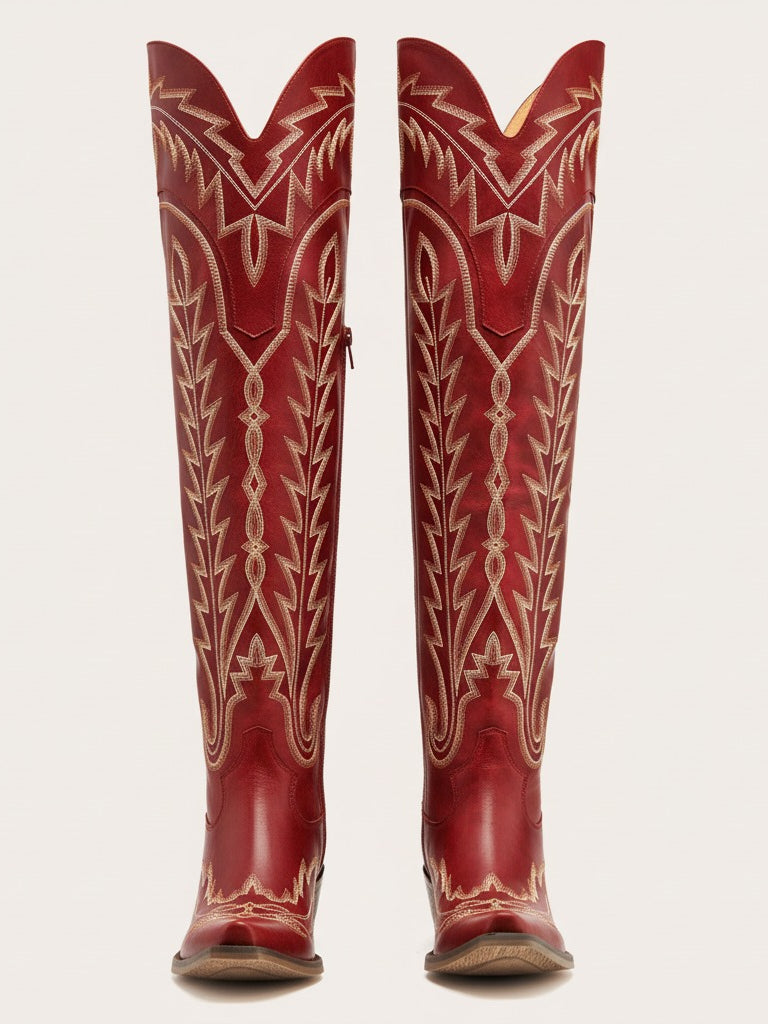 The Siren: Over-the-Knee Embroidered Western Boots in Vintage Red