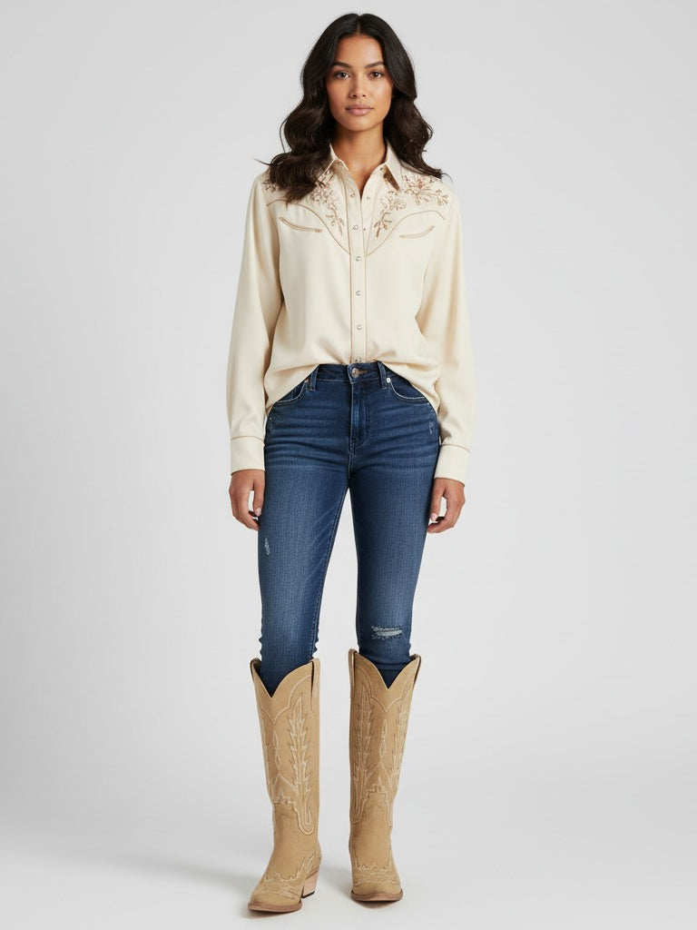 The Electra: Classic Beige Suede Embroidered Western Boots