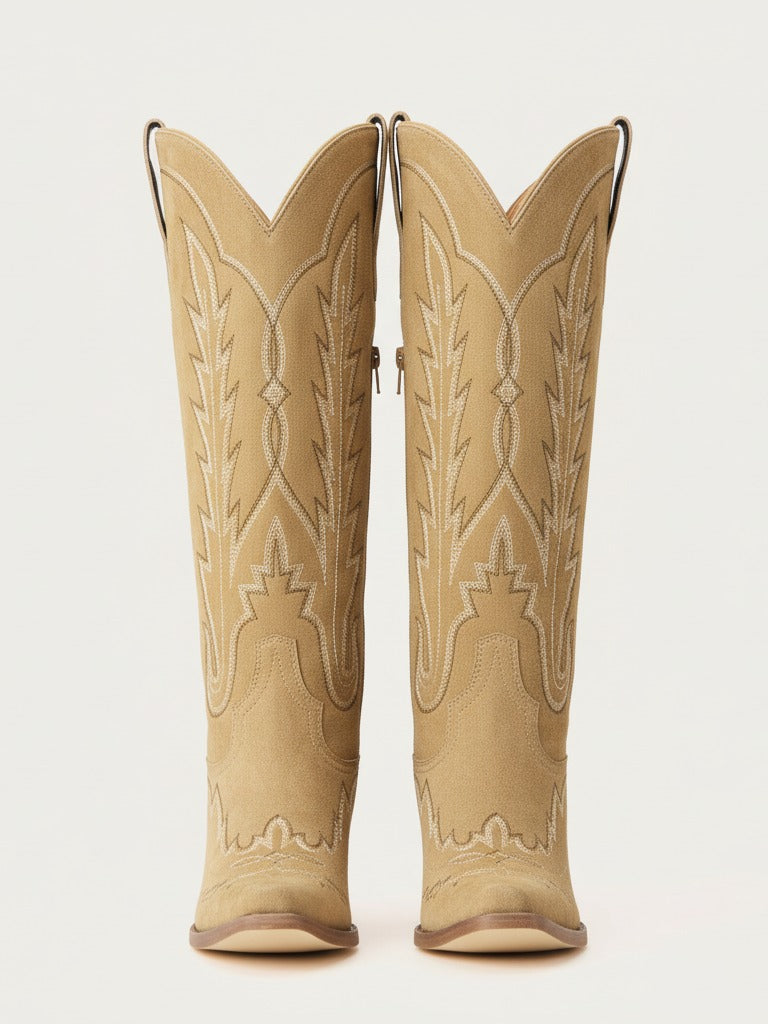 The Electra: Classic Beige Suede Embroidered Western Boots