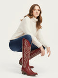 The Savannah: Knee-High Western Boots in Vintage Red with Lace-Up Detail