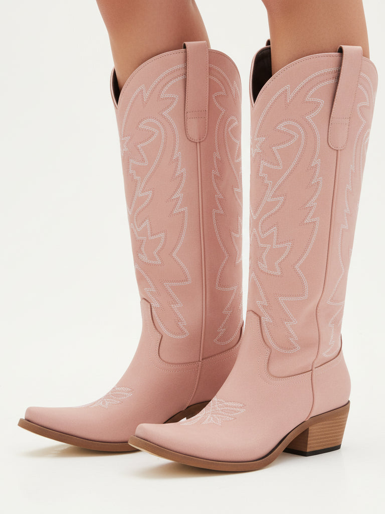 The Aspen: Knee-High Western Boots in Blush Pink with White Stitching