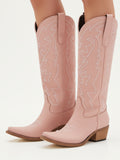 The Aspen: Knee-High Western Boots in Blush Pink with White Stitching