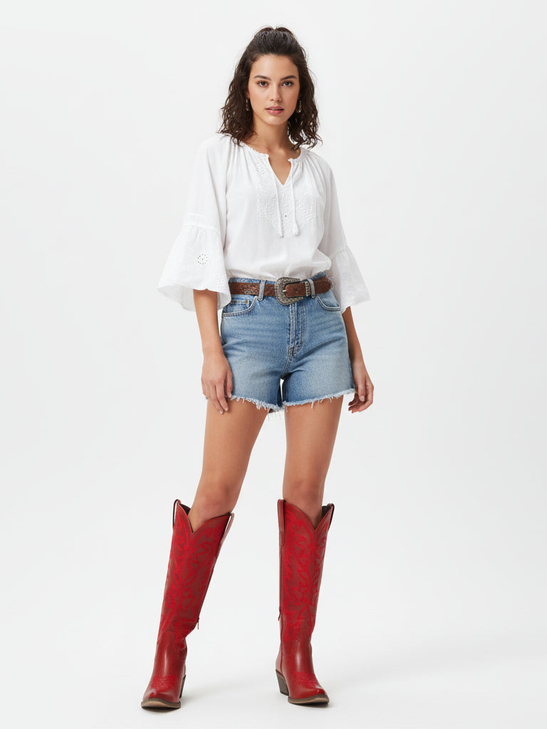 The Aspen: Knee-High Western Boots in Bold Red with Tonal Embroidery