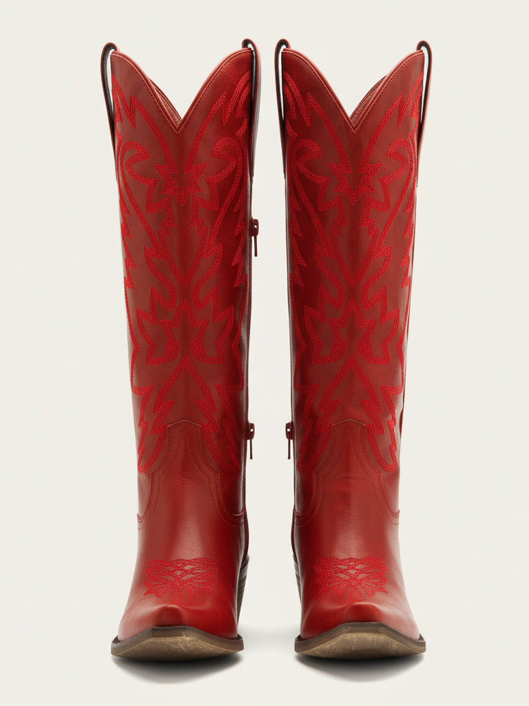 The Aspen: Knee-High Western Boots in Bold Red with Tonal Embroidery