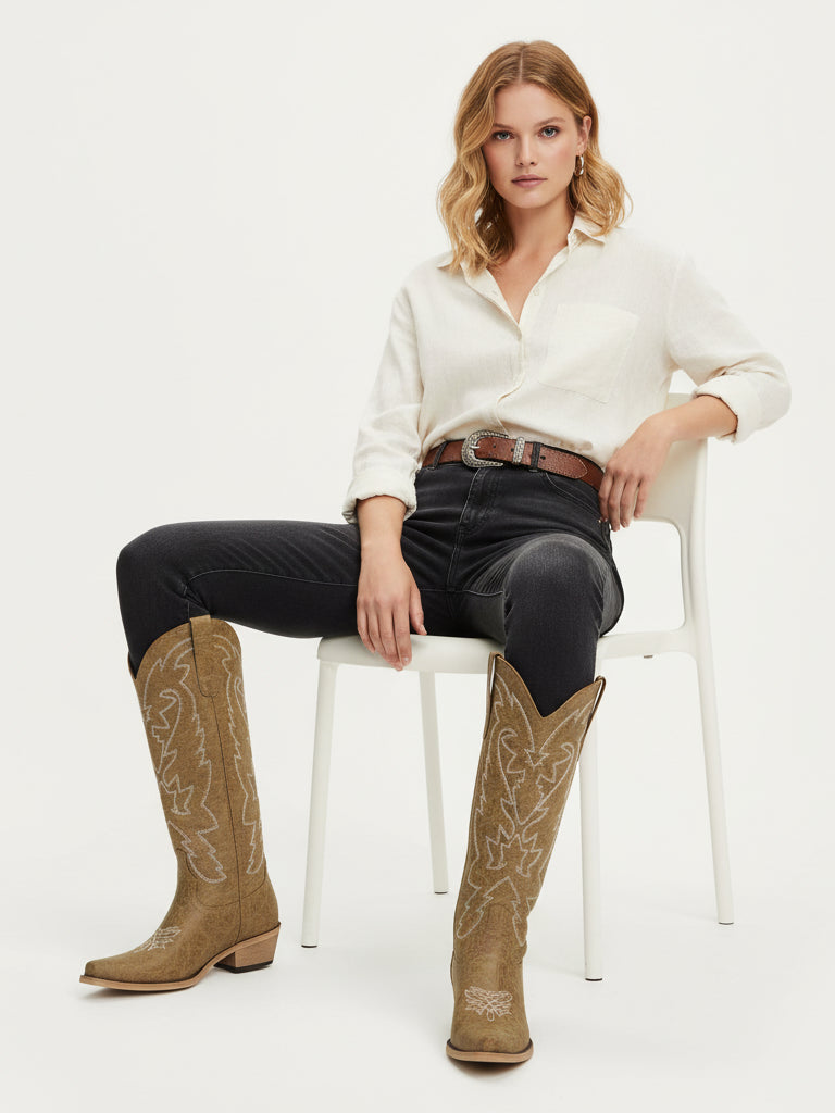 The Aspen: Knee-High Western Boots in Distressed Taupe Brown