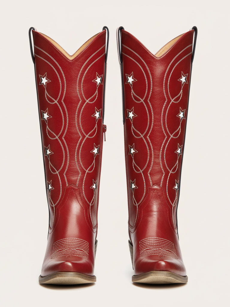 The Stardust: Rich Red Cowboy Boots with White Star Inlays & Embroidery