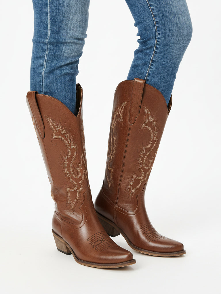The Legend: Classic Brown Boots with Golden Western Embroidery