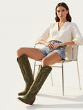 The Legacy: Olive Green Suede-Finish Boots with Intricate Embroidery