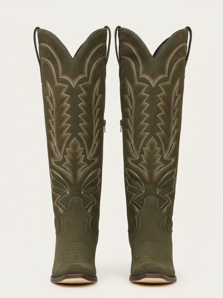 The Legacy: Olive Green Suede-Finish Boots with Intricate Embroidery