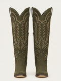 The Legacy: Olive Green Suede-Finish Boots with Intricate Embroidery
