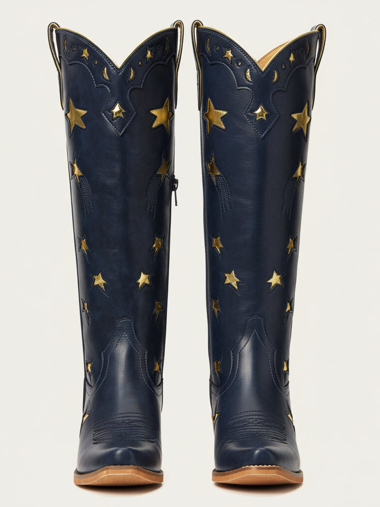 The Cosmic Dreamer: Navy Blue Boots with Gold Star and Moon Inlay Embroidery