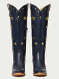 The Cosmic Dreamer: Navy Blue Boots with Gold Star and Moon Inlay Embroidery