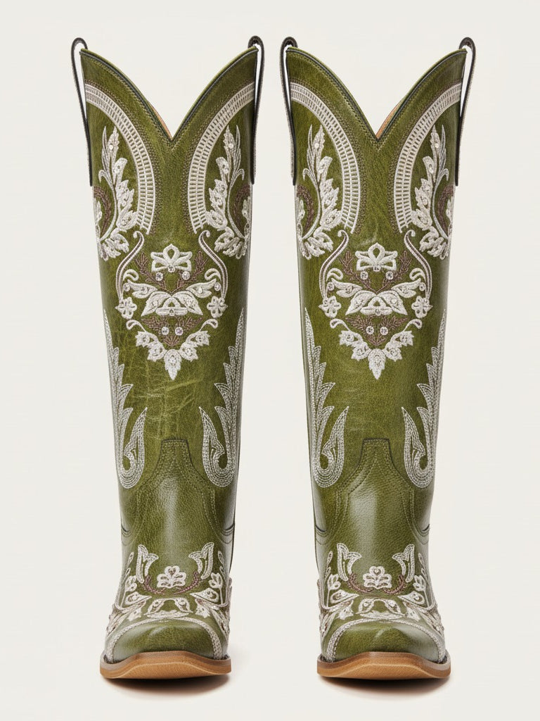 The Starlight Rider: Olive Green & Beige Embroidered Western Boots