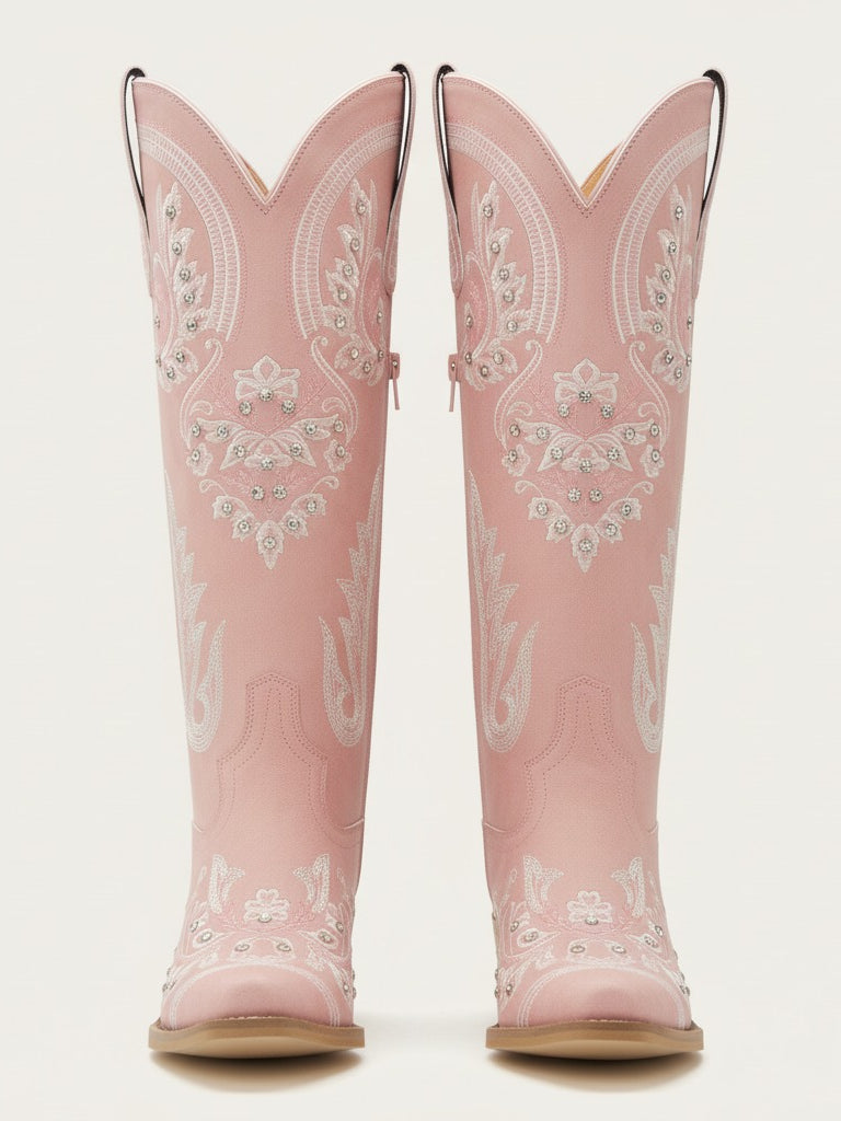 The Starlight Rider: Blush Pink Suede-Finish Western Boots with Crystals