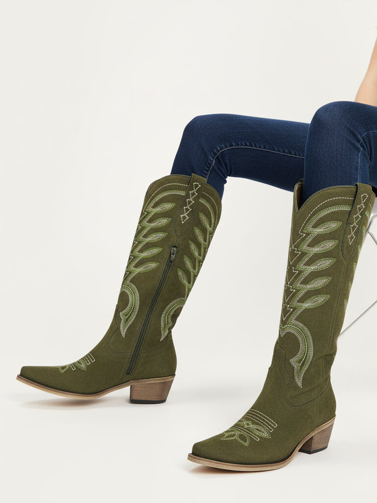 The Meadow: Olive Green Suede Boots with Multi-Tonal Leaf Embroidery