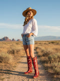 The Cosmic Dreamer: Vintage Red Boots with White Celestial Embroidery Stars and Moons