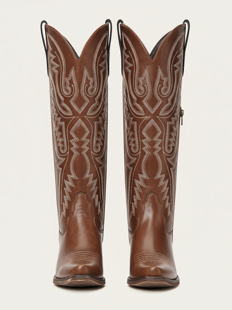 The Savannah: Genuine Leather Knee-High Western Boots in Classic Brown