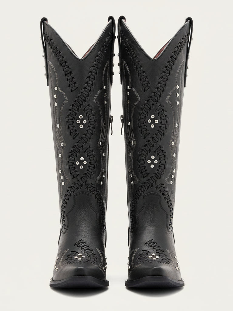 The Renegade: Black Studded Western Boots with Whipstitch Detail