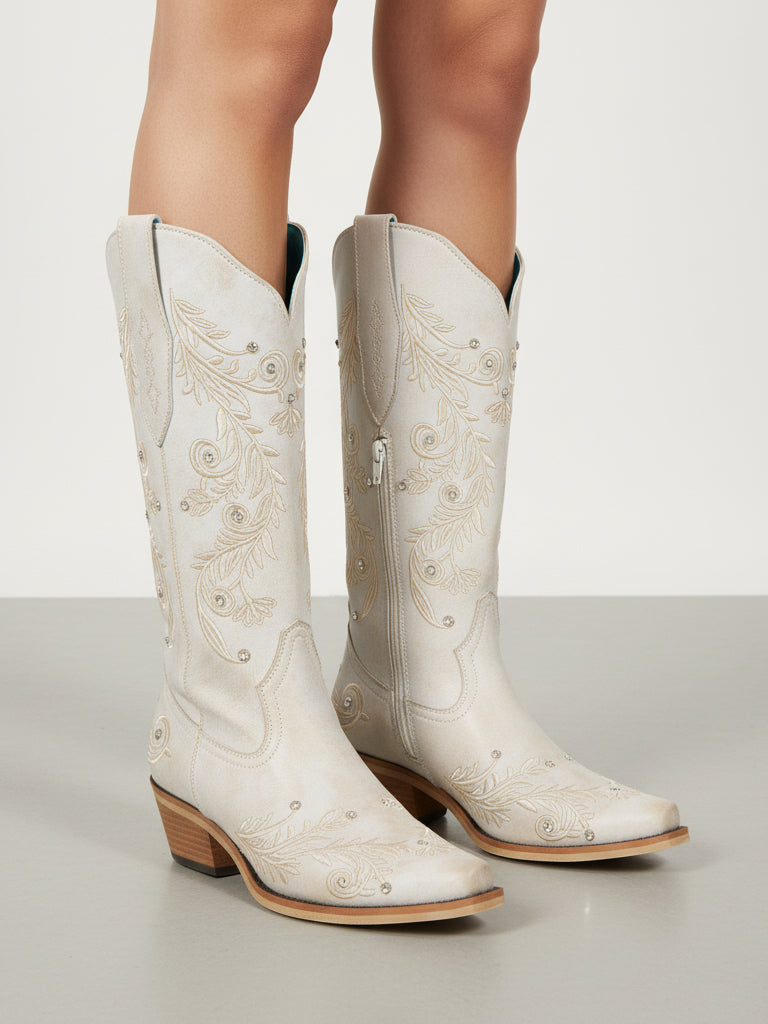 The Ever After: White Boots with Floral Embroidery & Rhinestones