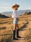 The Cosmic Dreamer: Navy Blue Boots with Gold Star and Moon Inlay Embroidery